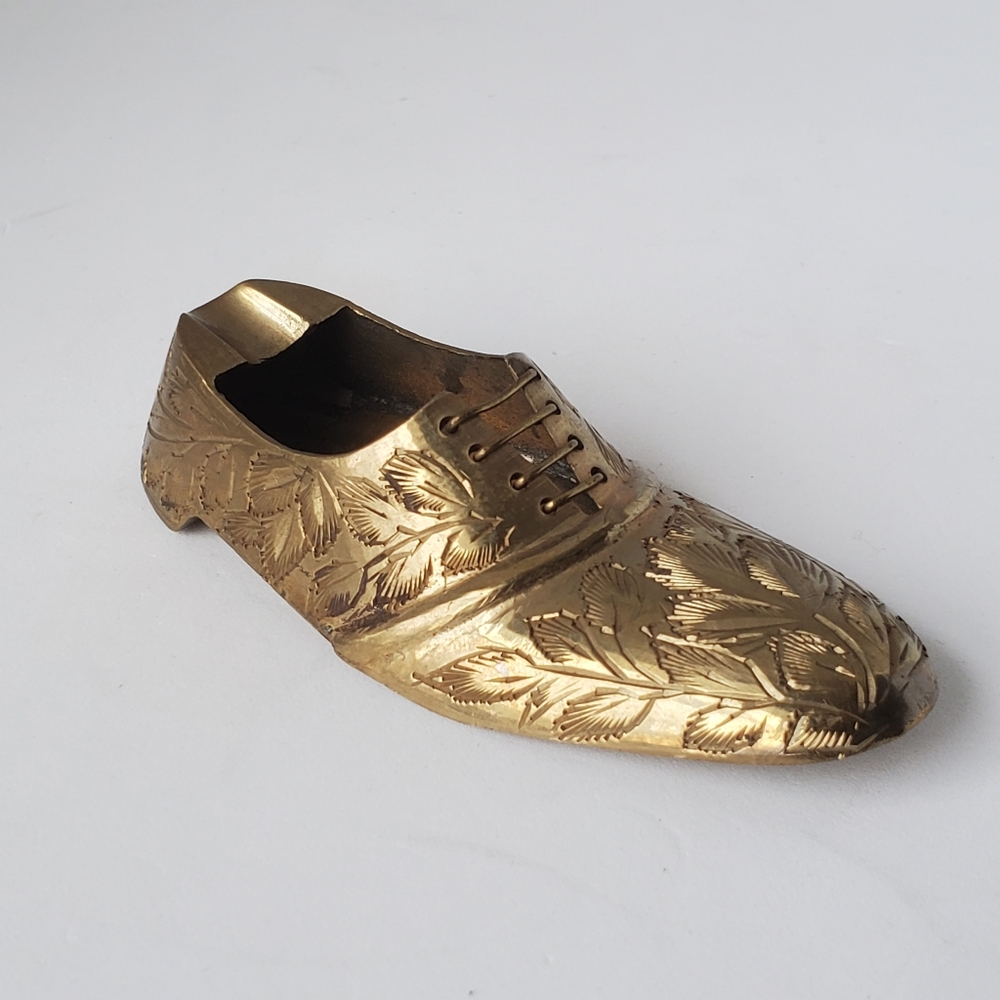 Vintage Brass Etched Shoe Ashtray Made In India MCM Collectible